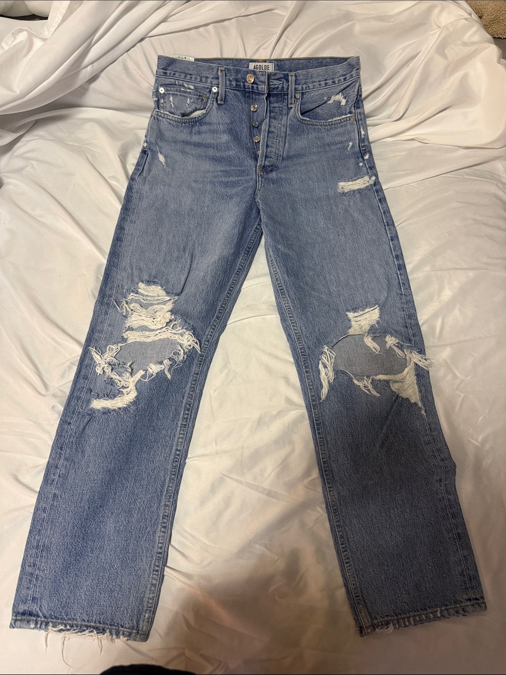 Agolde Light Blue Distressed Straight Leg Jeans
